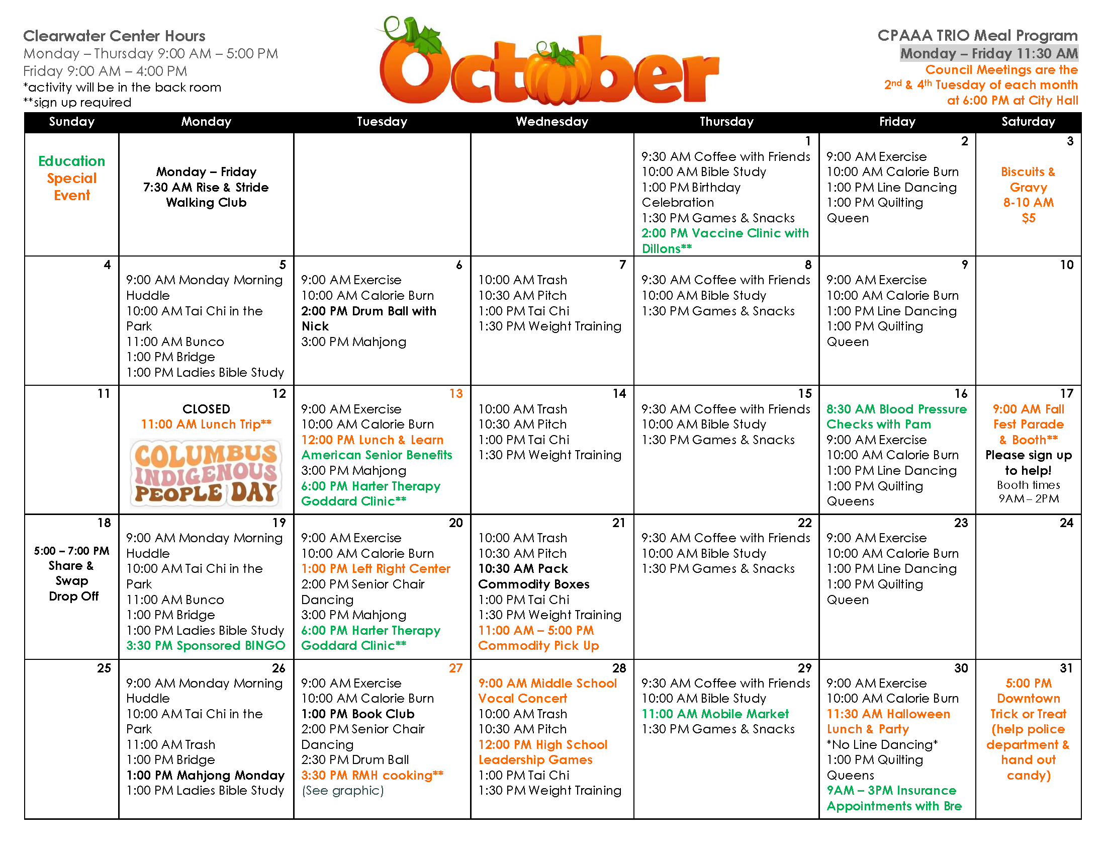 October SCOOP Calendar